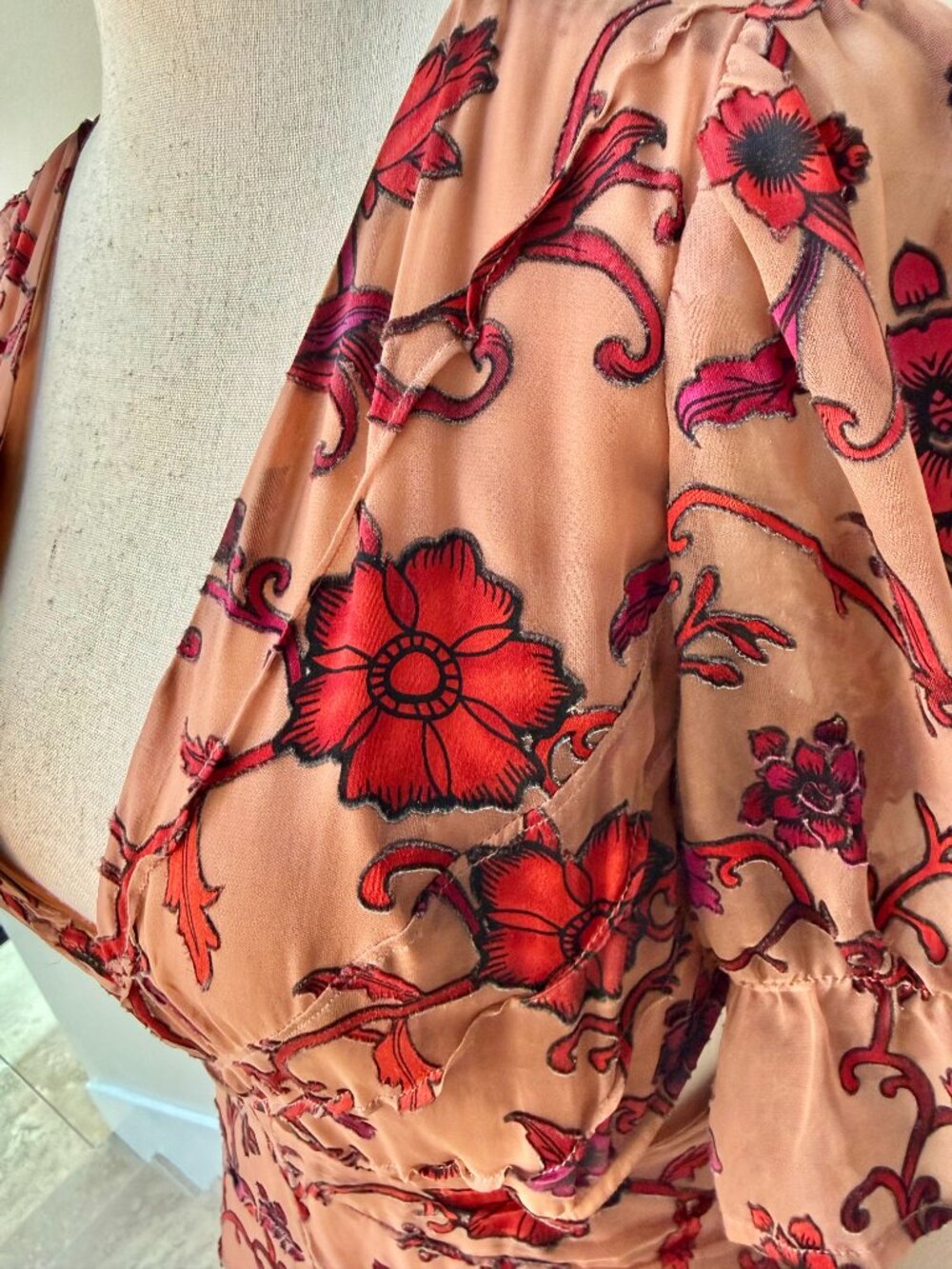 For Love & Lemons Sheer Mauve Chiffon Dress w/ Red & Pink Floral Print, Maxi, S - Picture 6 of 16